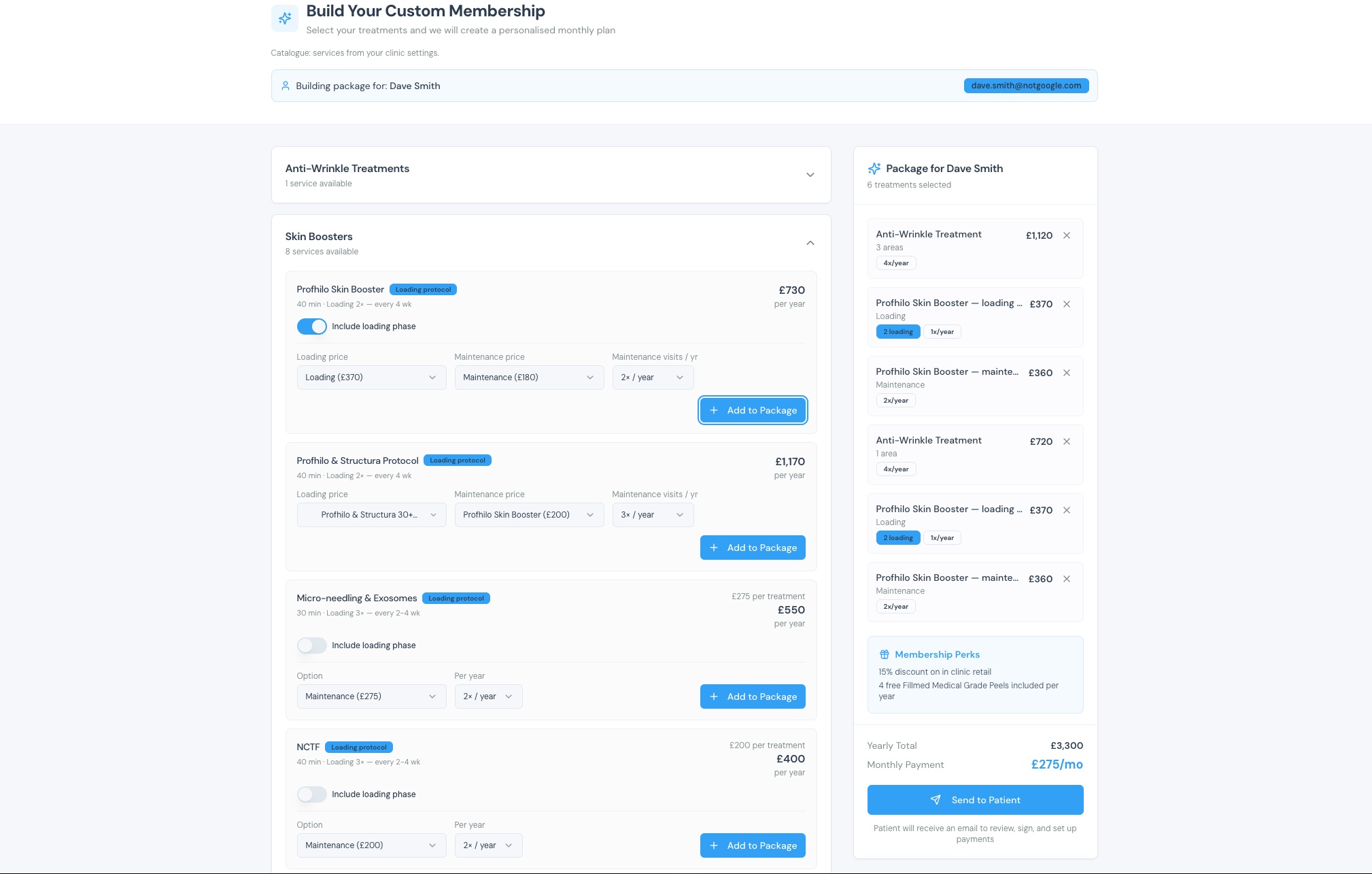 Build Your Custom Membership view with treatment picker, loading protocols, live package totals and send to patient