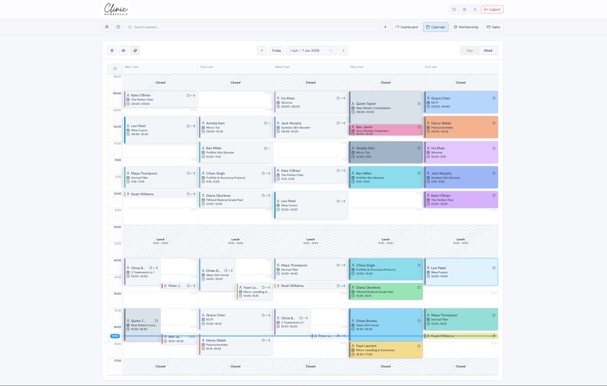 Clinic calendar with appointments, practitioner columns and online booking for UK aesthetic clinics
