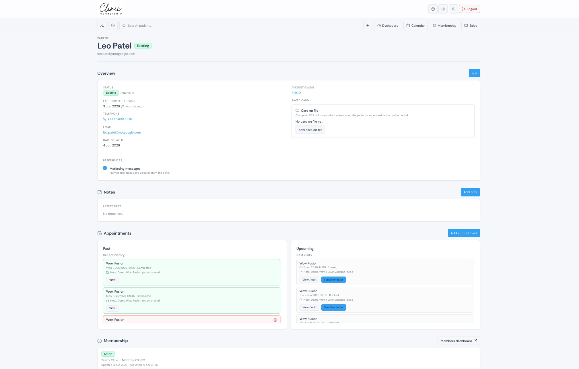 Patient hub showing appointments, membership status, invoices and contact details on one screen