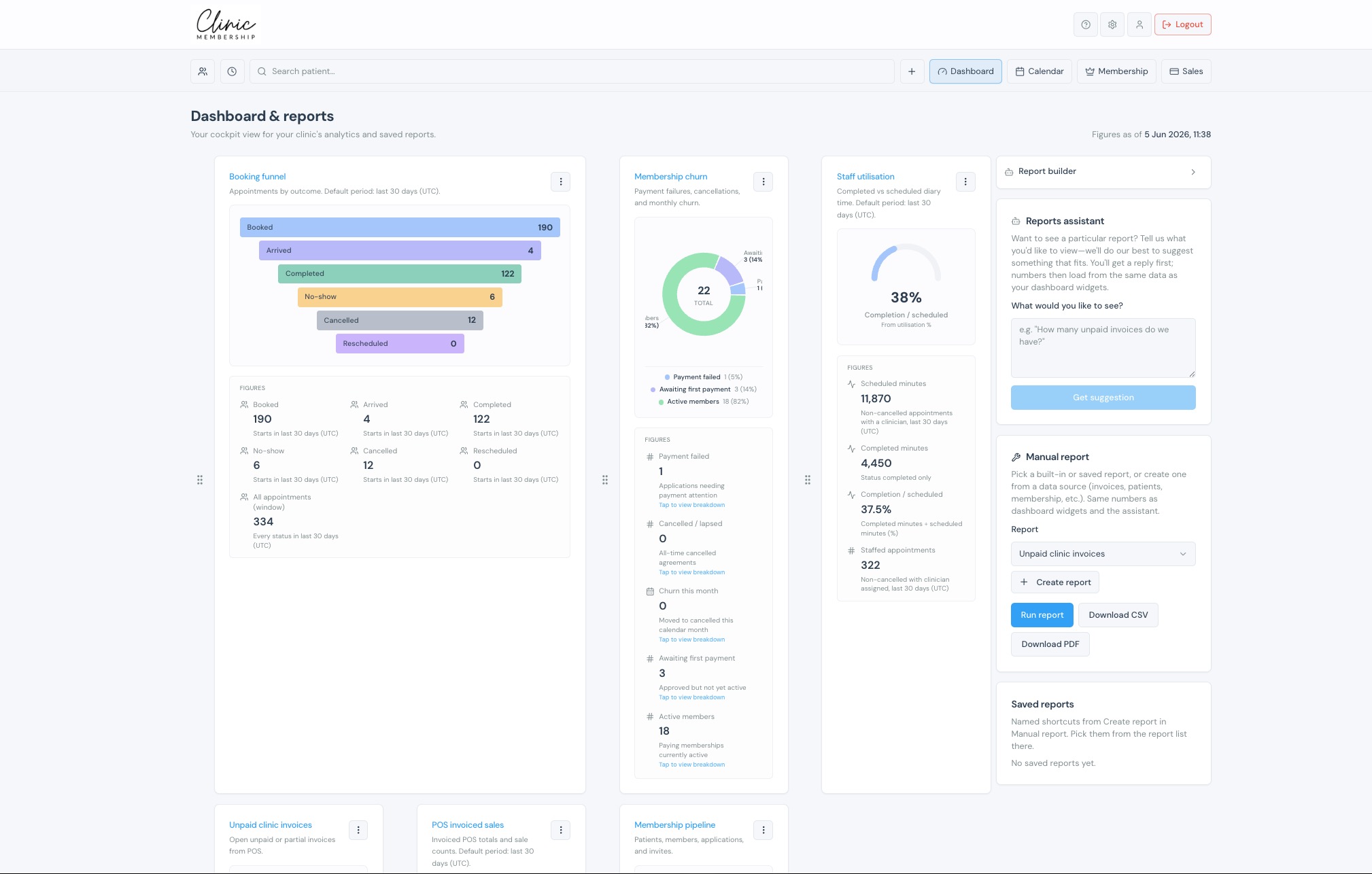 Clinic Membership Dashboard and reports with booking funnel, membership churn, staff utilisation and report builder