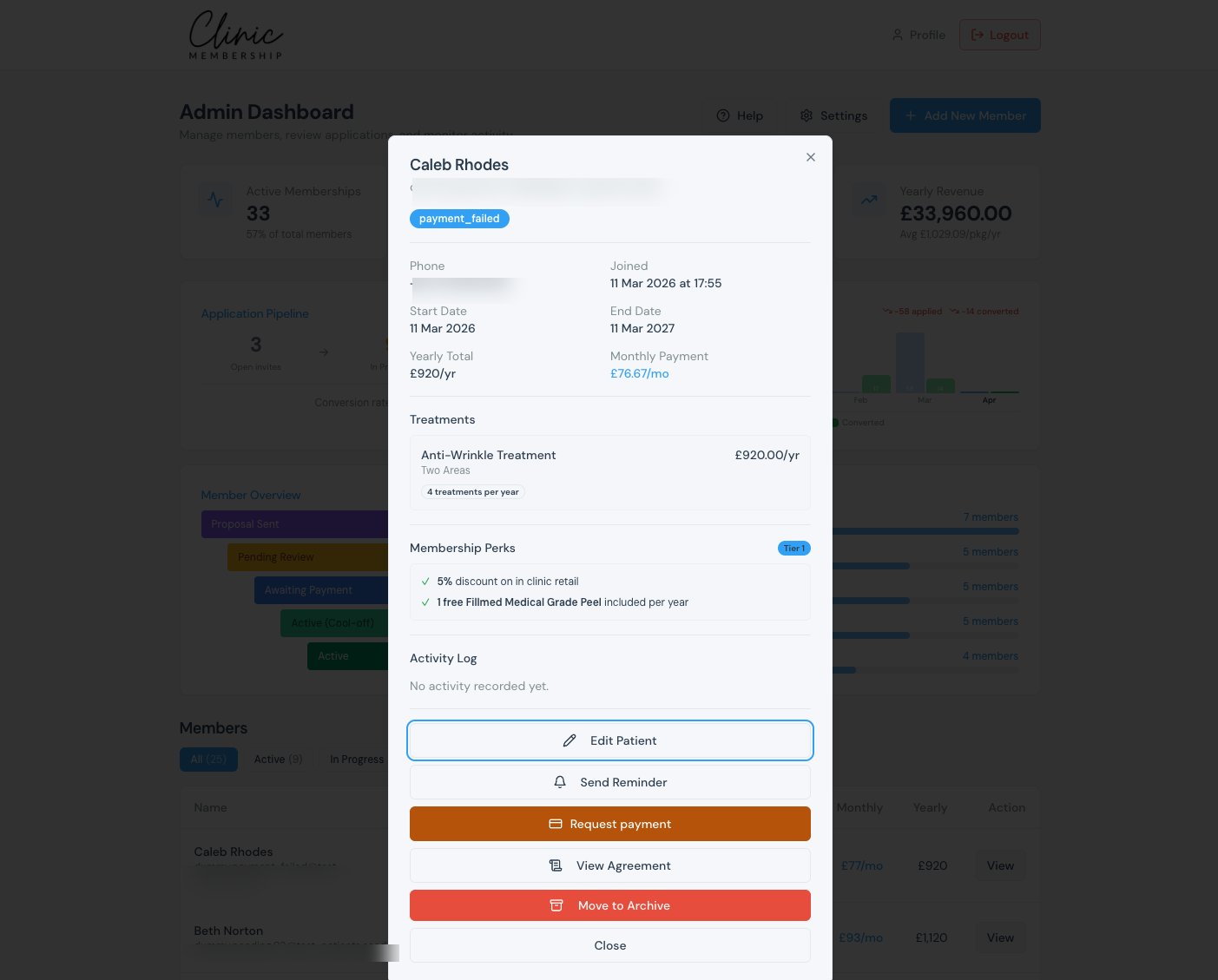 Patient detail view showing a failed payment status and one-click remediation actions including Request Payment and Send Reminder